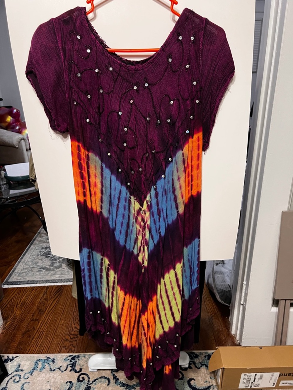 Boho Tie-Dye Purple Crinkle Maxi Dress with Bead Accents